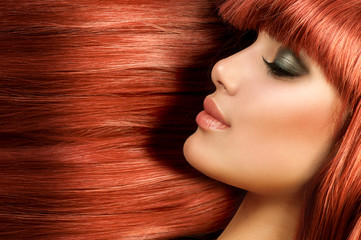 Healthy Long Straight Hair. Red Hair Model Girl Portrait