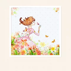 Fotobehang Bloemenmeisje Kaart meisje in bloemen aquarel