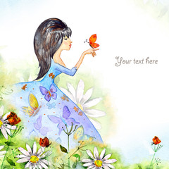 Girl in flowers watercolor