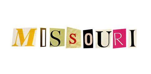 Missouri word formed with magazine letters on a white background