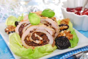 turkey roulade with prune and walnuts for christmas