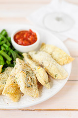 Lemon Semolina Crusted Fish Fries with Green Beans and Marinara