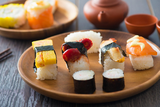 Sushi Assortment On wooden Dish, close up