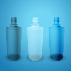 Matte and glossy bottles on blue background