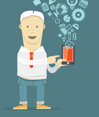 Young man with new modern mobile phone