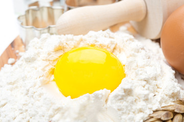 products for baking - flour and egg, selective focus, horizontal