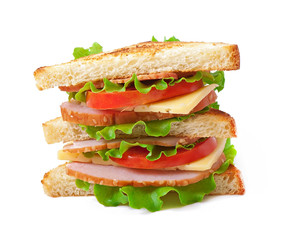 Sandwich with bacon and vegetables on white background