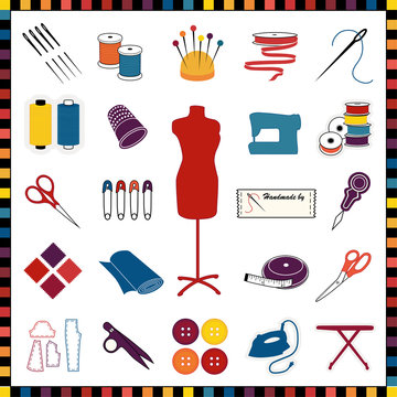 Sewing, Tailoring Icons, multicolor, check pattern border
