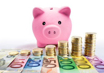 Piggy bank with euro coin stacks and banknotes - increase