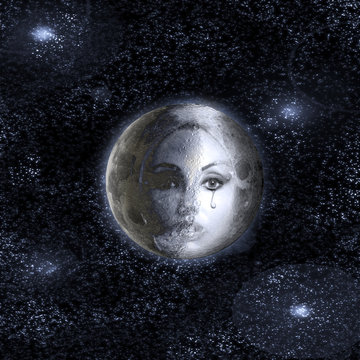moon turns into a face of the beautiful woman in the night sky.