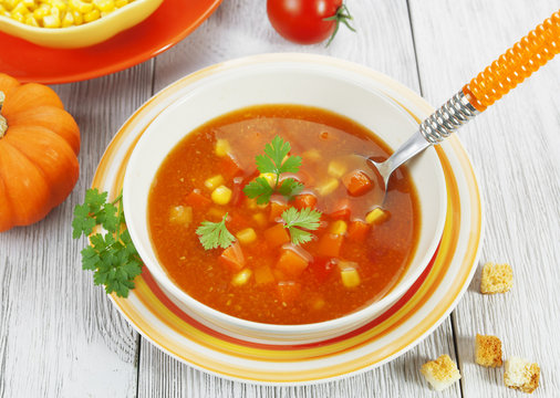 Soup with corn, pumpkin and peppers