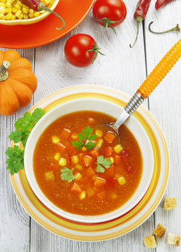 Soup with corn, pumpkin and peppers