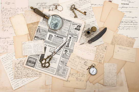 antique accessories, old letters and postcards. ephemera