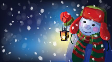Vector snowman holding Christmas lantern on snowfall background. © rvika
