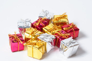 Decorative gifts on white background