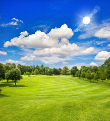 golf course and blue sunny sky. green field landscape - obrazy, fototapety, plakaty