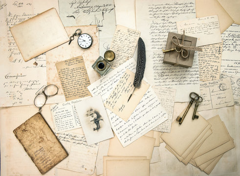old letters and postcards, vintage accessory and antique photo