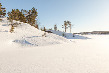 Fototapeta na wymiar Winter, coast of the frozen lake.