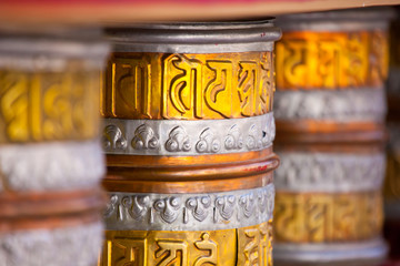 Buddhist prayer wheels in Tibetan monastery.India,Ladakh