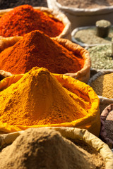 Traditional spices and dry fruits in local bazaar in India.