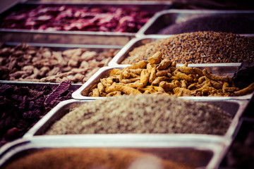 Indian colored spices at local market in, India