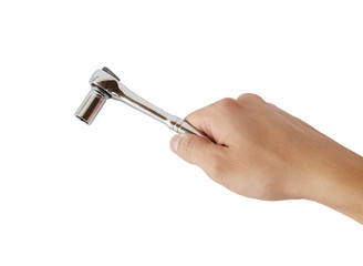 hand holding a socket wrench on white background