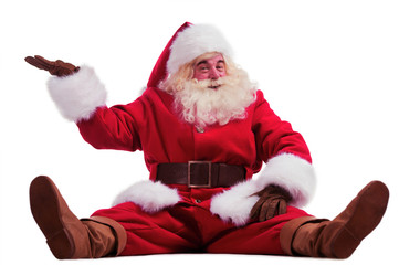 Hilarious and funny Santa Claus showing presenting gesture while