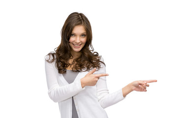 Half-length portrait of young girl pointing hand gesture