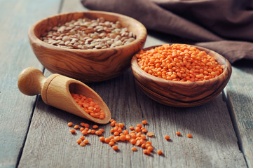 Lentils in wooden bowl