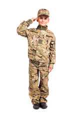 Saluting soldier. Young boy