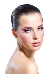Portrait of naked girl with bright pink makeup, isolated