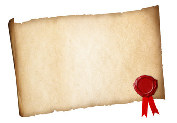 Old paper diploma or certificate parchment with wax seal isolate - obrazy, fototapety, plakaty