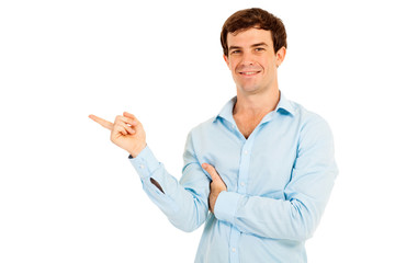 man pointing empty copy space