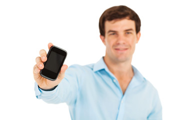 man showing touch screen cell phone
