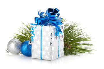 Christmas gift box and blue baubles