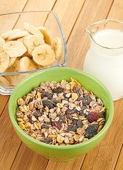 Delicious and healthy cereal in bowl with milk