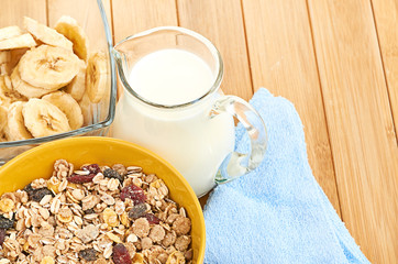 Delicious and healthy cereal in bowl with milk