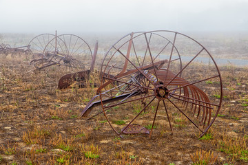 Rusting Old Horse Drawn Tiller Plow in the Morning Fog