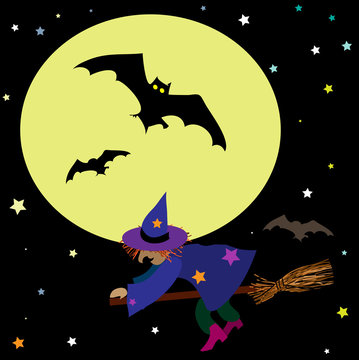Halloween vector background with moon, witch and bats.