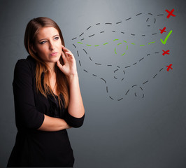 Young woman choosing between right and wrong signs