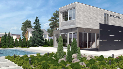 Modern house exterior with swimming pool
