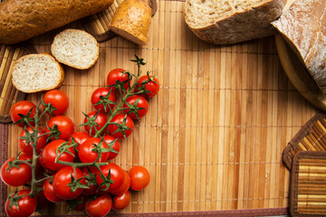 Composition of wooden kitchen equipment and food