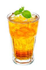 glass of ice tea with mint on white background
