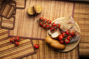 Composition of wooden kitchen equipment and food