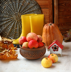 Autumn still life with pumpkin, apple and  yellow gumboots
