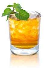 glass of ice tea with mint on white background