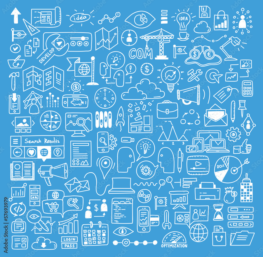 Poster business and website development doodles elements
