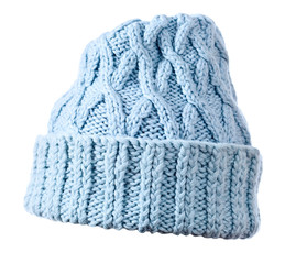 blue  knitted hat on white background