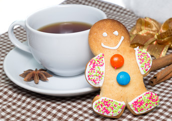 Gingerbread man with cup of tea