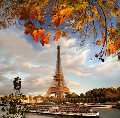 Foto op Plexiglas Eiffeltoren met herfstbladeren in Parijs, Frankrijk © Tomas Marek